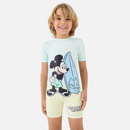 Juniors Mickey Mouse Print Swimsuit with Raglan Sleeves