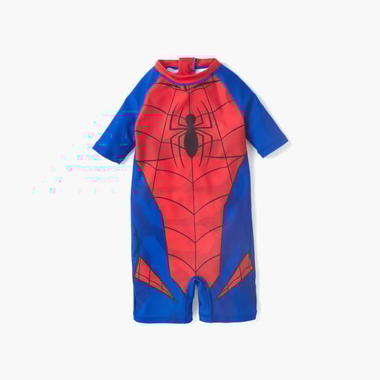 Juniors Spider-Man Print Swimsuit with Round Neck and Short Sleeves