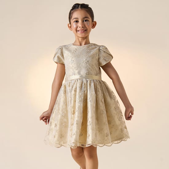 Juniors All-Over Embroidered A-line Dress with Tulip Sleeves and Zip Closure