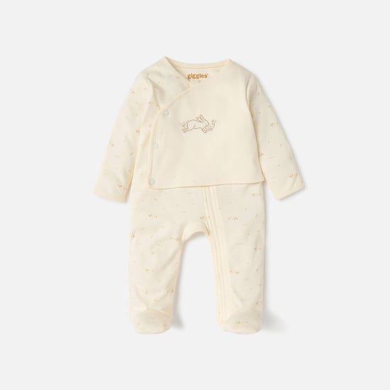 Giggles Bunny Embroidered Closed Feet Sleepsuit with Long Sleeves