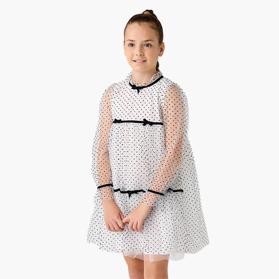 Juniors Polka Dot Mesh A-line Dress with Tape Detailing