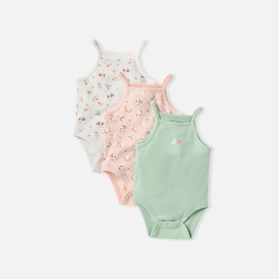 Juniors Floral Print Strappy Bodysuit with Snap Button Closure - Set of 3