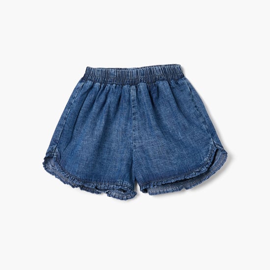 Juniors Solid Denim Shorts with Ruffle Detail