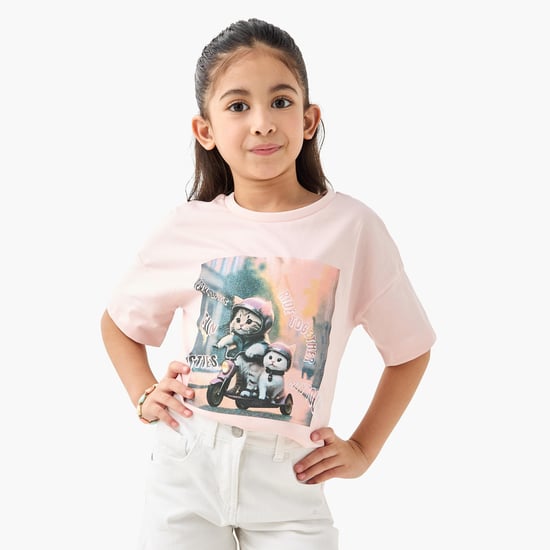 Juniors Graphic Print Round Neck T-shirt with Short Sleeves
