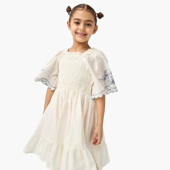 Juniors Embroidered Square Neck A-line Dress with Flared Sleeves