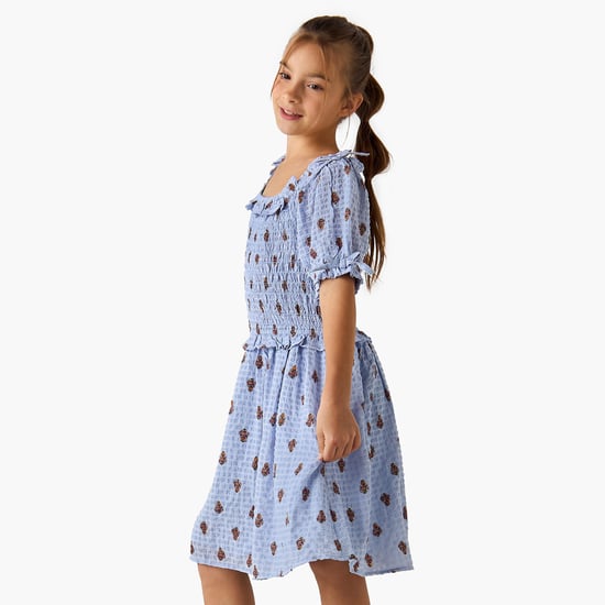 Juniors All-Over Print A-line Dress with Ruffles and Shirred Detail