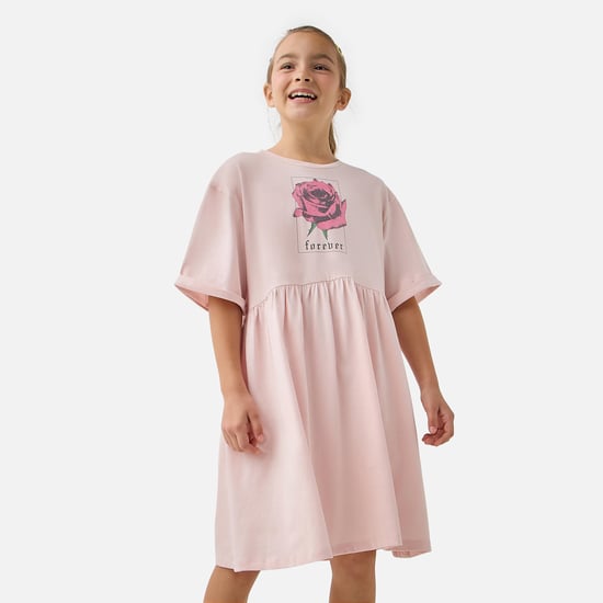 Juniors Printed A-Line Dress with Round Neck and Short Sleeves