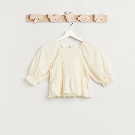 Juniors Shirred Detail Peplum Top with 3/4 Sleeves