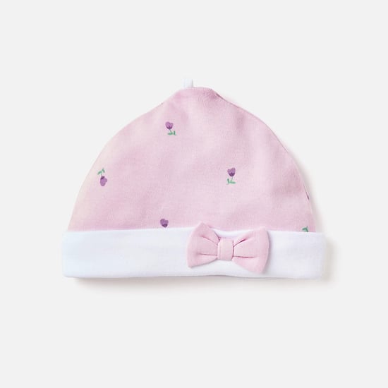 Juniors Floral Print Beanie with Bow Applique