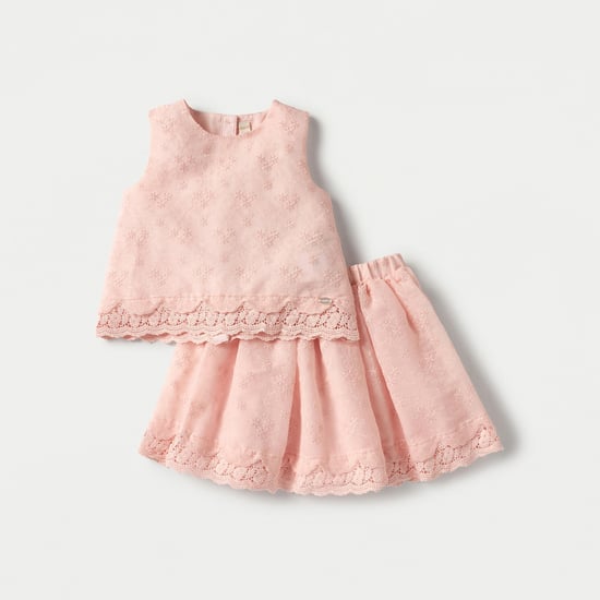 Giggles Floral Embroidered Sleeveless Top and Elasticated Skirt Set