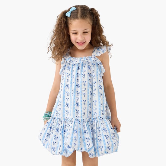 Juniors All-Over Floral Print Balloon Dress with Square Neck and Frill Detail