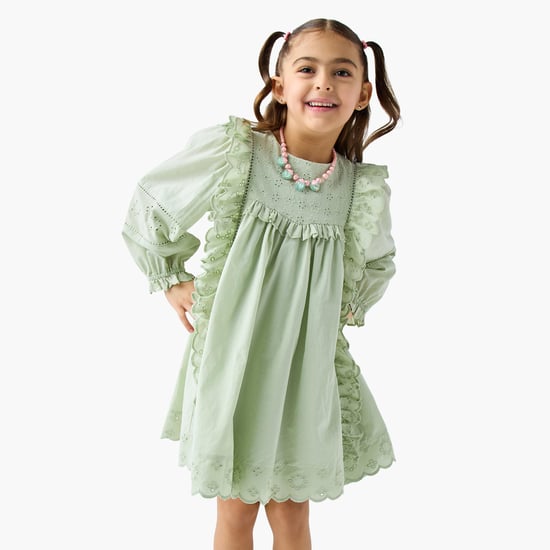Juniors Eligo Schiffli Embroidered Dress with Ruffled Detail and Long Sleeves