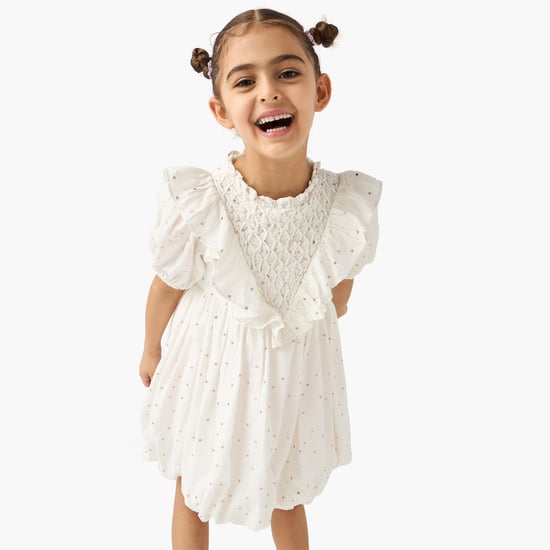 Juniors All-Over Floral Print Balloon Dress with Puff Sleeves and Ruffles