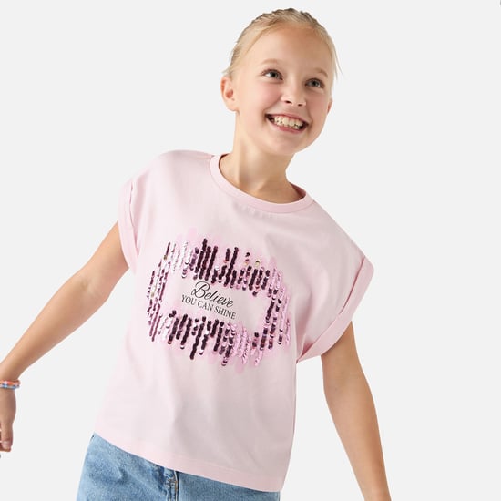 Juniors Sequin Embellished Round Neck T-shirt with Extended Sleeves