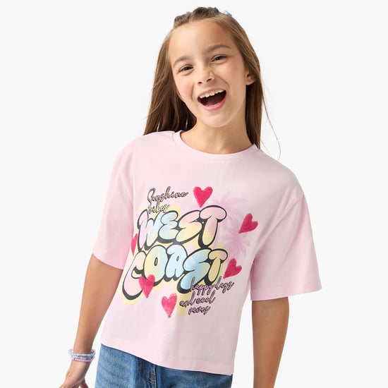 Juniors Graphic Print Boxy T-shirt with Short Sleeves