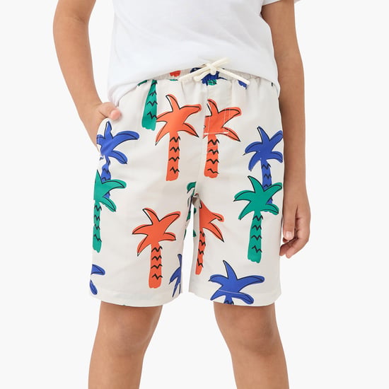 Juniors Palm Tree Print Swim Shorts with Pockets and Drawstring Closure