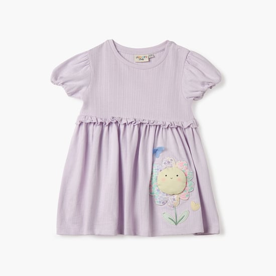 Juniors Flower Applique Detail Dress with Puff Sleeves