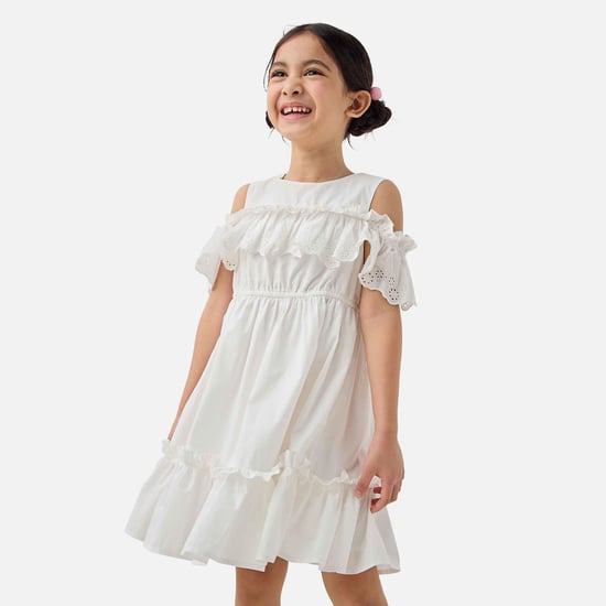 Juniors Ruffle Detail Cold Shoulder Dress with Round Neck