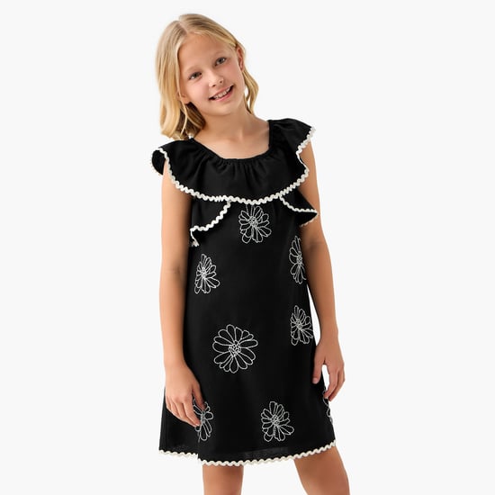 Juniors Eligo Floral Embroidered Sleeveless Dress with Ruffles