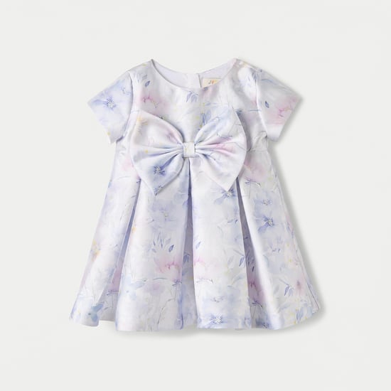 Juniors Floral Print A-line Dress with Short Sleeves and Bow Accent