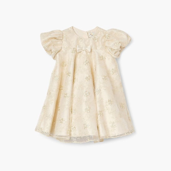Juniors Floral Embroidered A-line Dress with Puff Sleeves