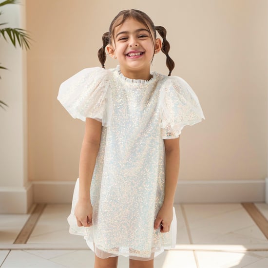 Juniors Embellished Shift Dress with Ruffled Sleeves