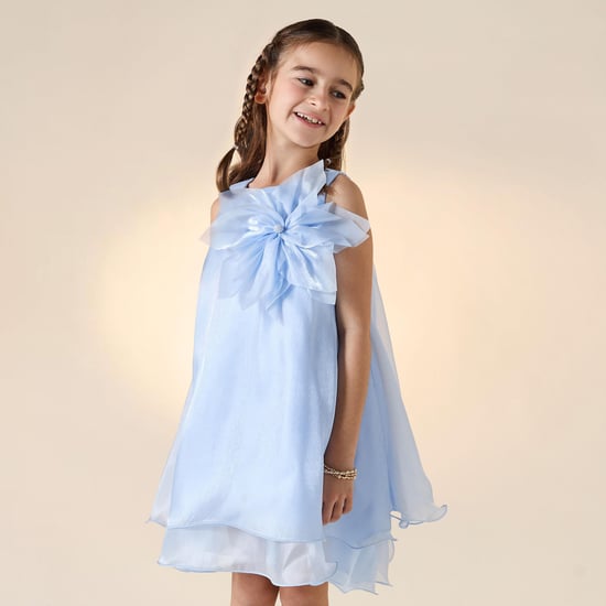 Juniors Floral Applique Sleeveless Shift Dress with Round Neck