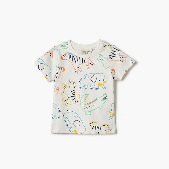 Juniors Animal Print Crew Neck T-shirt with Short Sleeves and Button Closure