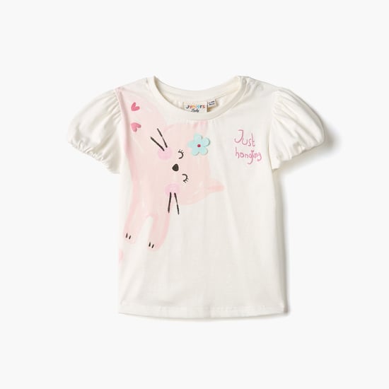 Juniors Cat Print T-shirt with Balloon Sleeves