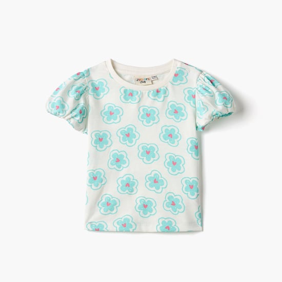 Juniors All-Over Floral Print T-shirt with Puff Sleeves