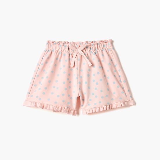 Juniors Polka Dot Print Shorts with Drawstring Closure and Ruffle Hem