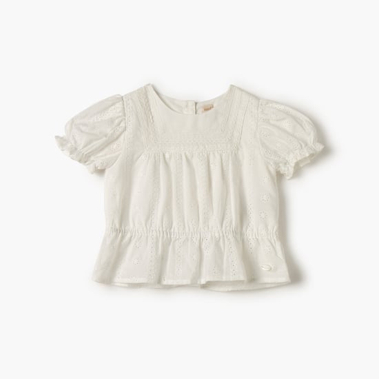 Giggles Schiffli Detail Top with Puff Sleeves and Button Closure