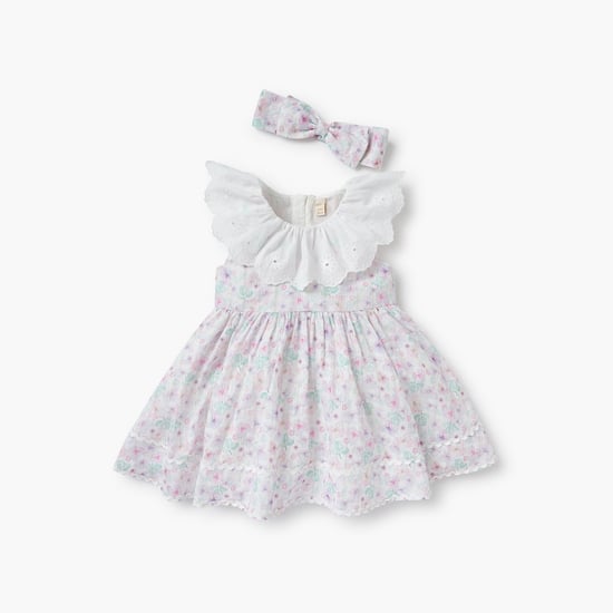 Giggles Floral Print Sleeveless Dress with Ruffle and Headband Set