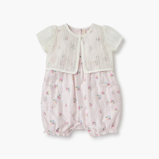 Giggles Floral Embroidered Romper with Knit Jacket Overlay