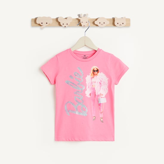 Juniors Barbie Glitter Print Round Neck T-shirt
