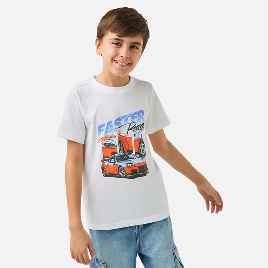 Juniors Car Print T-shirt with Crew Neck and Short Sleeves