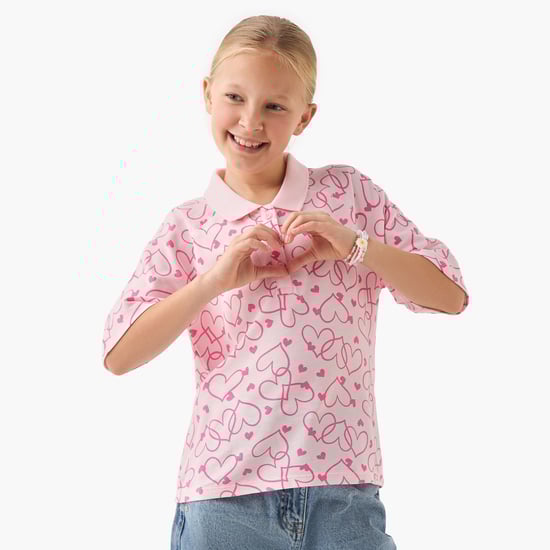 Juniors Heart Print Polo T-shirt with Half Button Placket and Short Sleeves