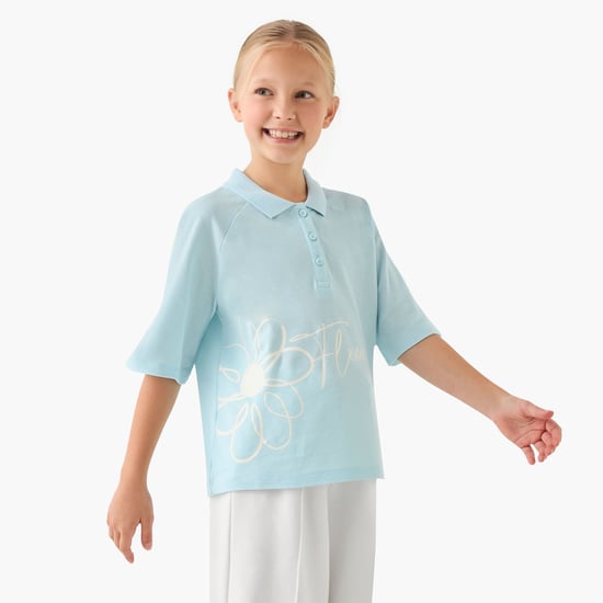 Juniors Floral Print Polo T-shirt with Half Button Placket and Short Sleeves
