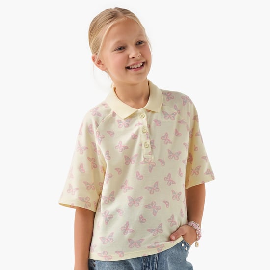 Juniors Butterfly Print Polo T-shirt with Half Button Placket