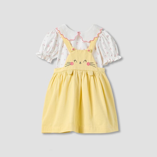 Juniors Cat Embroidered Pinafore Dress and Collared Top Set