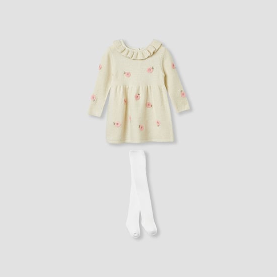 Juniors Floral Embroidered Dress with Tights