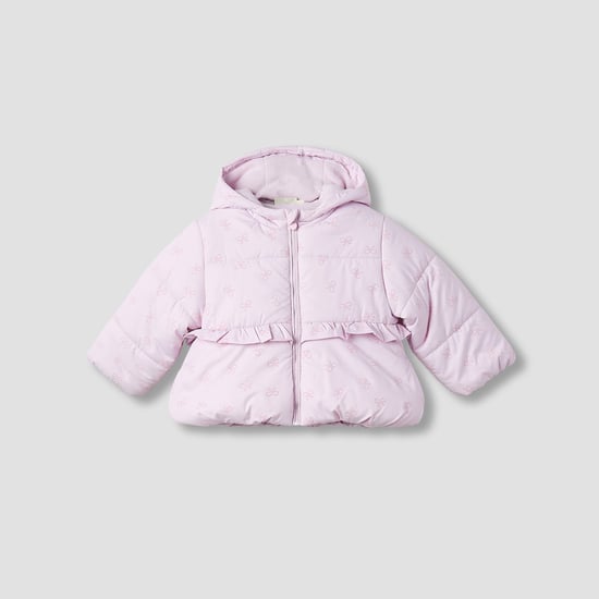 Juniors Bow Print Hooded Heavy Jacket with Long Sleeves