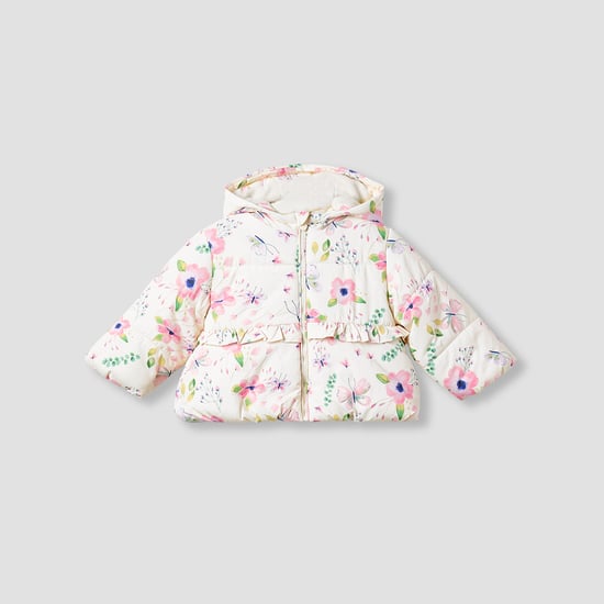 Juniors Floral Print Hooded Heavy Jacket with Long Sleeves