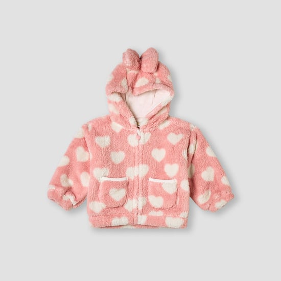Juniors Heart Print Hooded Jacket with Zip Closure