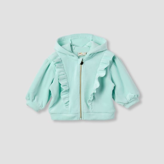 Juniors Ribbed Hooded Jacket with Ruffles and Long Sleeves