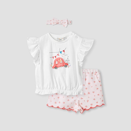 Juniors Printed T-shirt and Shorts with Headband