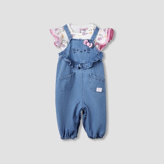 Juniors Hello Kitty Print T-shirt and Denim Dungaree Set