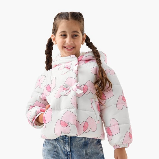 Juniors Heart Print Hooded Heavy Jacket with Long Sleeves
