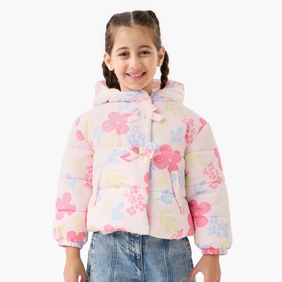 Juniors Floral Print Hooded Heavy Jacket with Long Sleeves