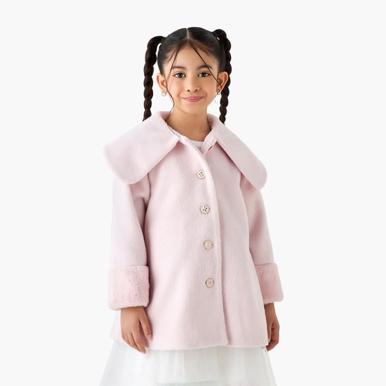 Juniors Solid Peter Pan Collar Coat with Long Sleeves